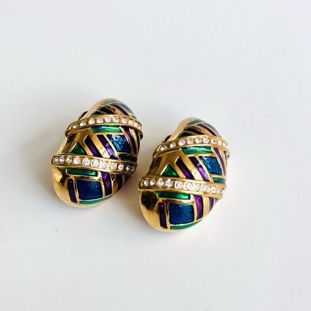 Vintage Butler Clip On Earrings Enamel Gold Rhinestones Wicked Blue Green Purple